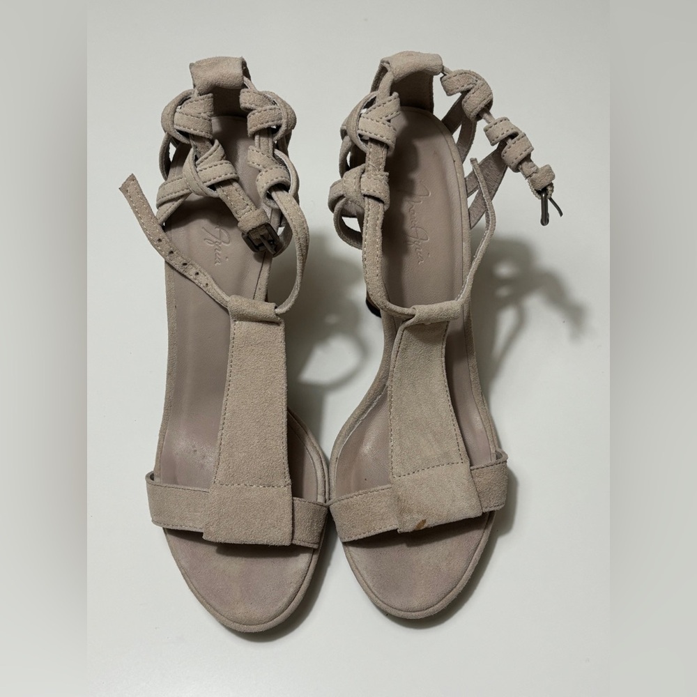 BCBGMaxAzria Taupe Suede T-Strap Ankle Tie Heels